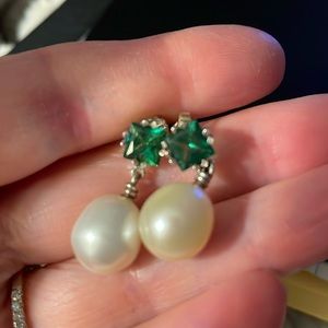 Pearl Drop Earrings Sterling Silver with Green Stones